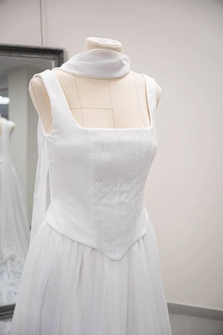 Original garment on mannequin — Plus Size Chiffon Bridal Corset, Skirt & Scarf Set