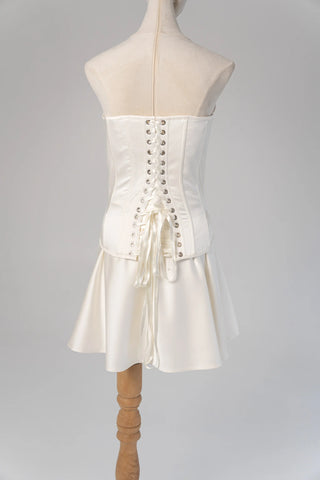 Original garment on mannequin — Plus Size Strapless Satin Bridal Corset & Mini Skirt Set