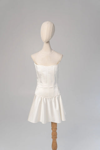 Original garment on mannequin — Plus Size Strapless Satin Bridal Corset & Mini Skirt Set
