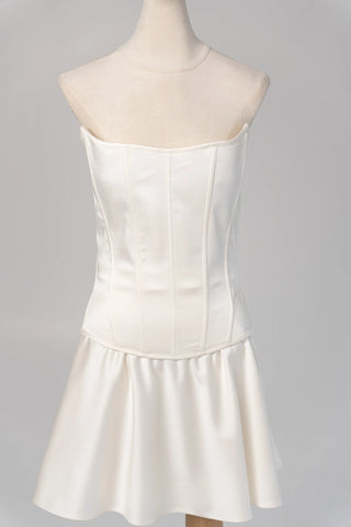 Original garment on mannequin — Plus Size Strapless Satin Bridal Corset & Mini Skirt Set