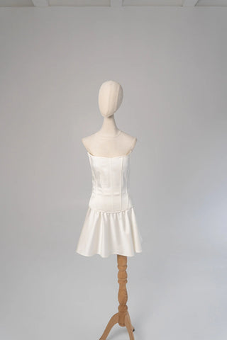 Original garment on mannequin — Plus Size Strapless Satin Bridal Corset & Mini Skirt Set