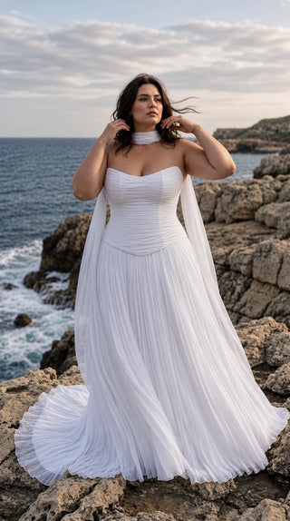 AI-generated plus-size styling preview — Plus Size Draped Chiffon Bridal Corset, Skirt & Scarf Set