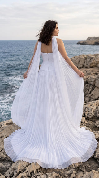 AI-generated plus-size styling preview — Plus Size Draped Chiffon Bridal Corset, Skirt & Scarf Set