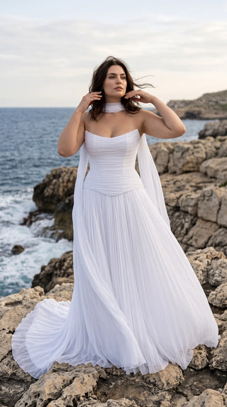 AI-generated plus-size styling preview — Plus Size Draped Chiffon Bridal Corset, Skirt & Scarf Set