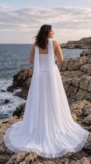 AI-generated plus-size styling preview — Plus Size Draped Chiffon Bridal Corset, Skirt & Scarf Set