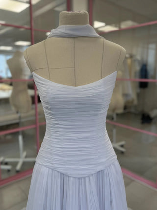 Original garment on mannequin — Plus Size Draped Chiffon Bridal Corset, Skirt & Scarf Set