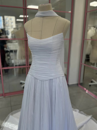 Original garment on mannequin — Plus Size Draped Chiffon Bridal Corset, Skirt & Scarf Set