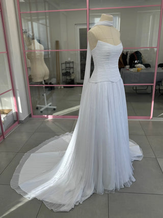 Original garment on mannequin — Plus Size Draped Chiffon Bridal Corset, Skirt & Scarf Set