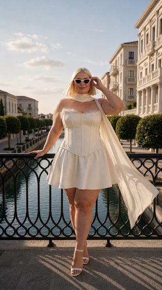 AI-generated plus-size styling preview — Plus Size Satin Bridal Mini Set with Scarf