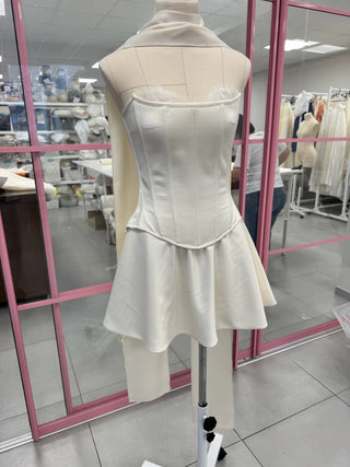 Original garment on mannequin — Plus Size Satin Bridal Mini Set with Scarf