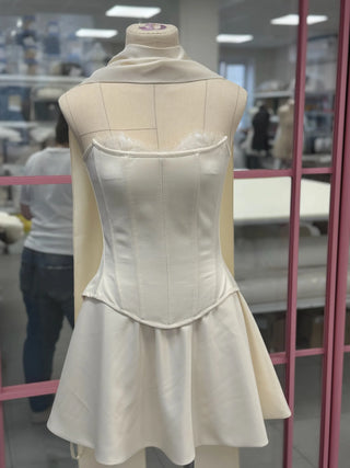 Original garment on mannequin — Plus Size Satin Bridal Mini Set with Scarf