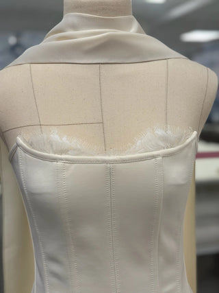 Original garment on mannequin — Plus Size Satin Bridal Mini Set with Scarf