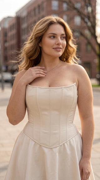 AI-generated plus-size styling preview — Plus Size Satin Corset & Mini Skirt Bridal Set with Scarf