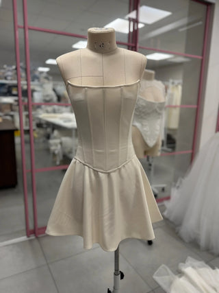 Original garment on mannequin — Plus Size Satin Corset & Mini Skirt Bridal Set with Scarf