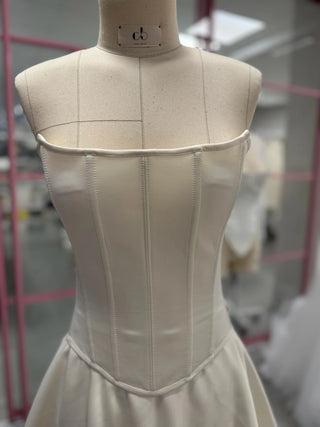 Original garment on mannequin — Plus Size Satin Corset & Mini Skirt Bridal Set with Scarf