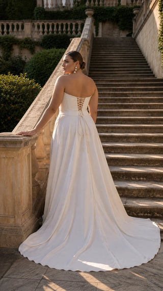AI-generated plus-size styling preview — Plus Size Satin Bridal Corset & Draped Slit Skirt Set