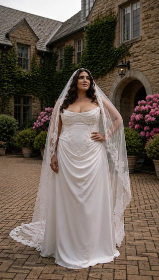 AI-generated plus-size styling preview — Plus Size Embroidered Bridal Corset & Draped Skirt Set