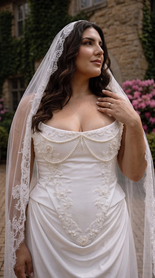 AI-generated plus-size styling preview — Plus Size Embroidered Bridal Corset & Draped Skirt Set