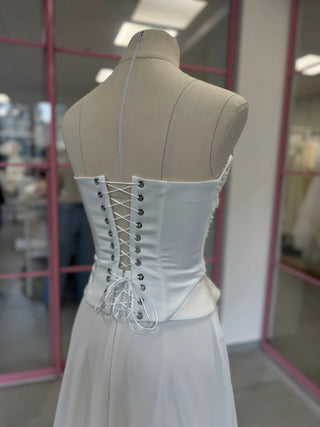 Original garment on mannequin — Plus Size Embroidered Bridal Corset & Draped Skirt Set