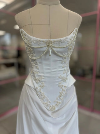 Original garment on mannequin — Plus Size Embroidered Bridal Corset & Draped Skirt Set