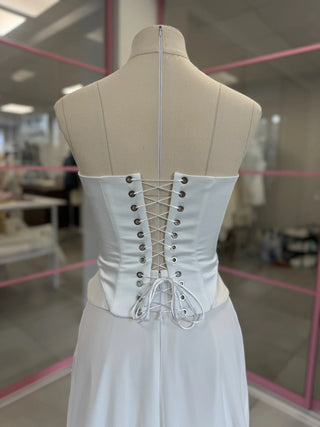 Original garment on mannequin — Plus Size Embroidered Bridal Corset & Draped Skirt Set