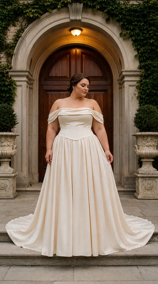 AI-generated plus-size styling preview — Plus Size Off-the-Shoulder Satin Bridal Corset & Skirt Set