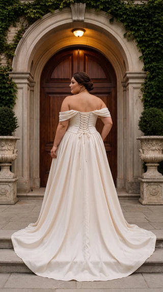 AI-generated plus-size styling preview — Plus Size Off-the-Shoulder Satin Bridal Corset & Skirt Set