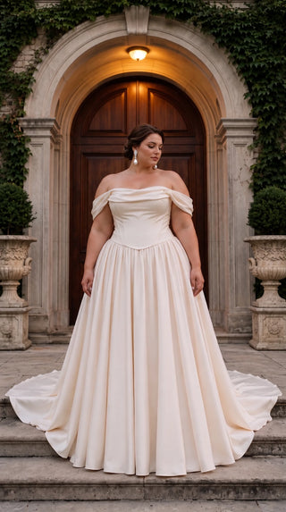 AI-generated plus-size styling preview — Plus Size Off-the-Shoulder Satin Bridal Corset & Skirt Set