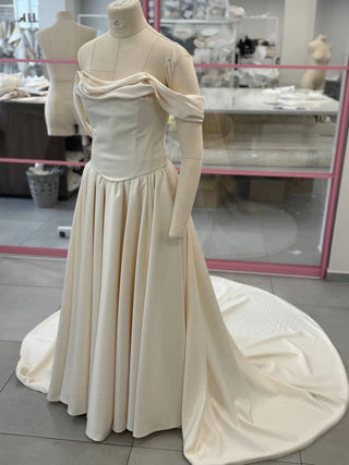 Original garment on mannequin — Plus Size Off-the-Shoulder Satin Bridal Corset & Skirt Set