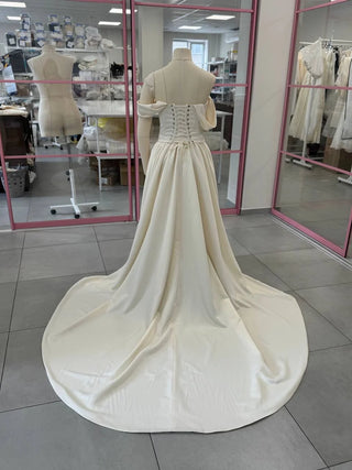 Original garment on mannequin — Plus Size Off-the-Shoulder Satin Bridal Corset & Skirt Set
