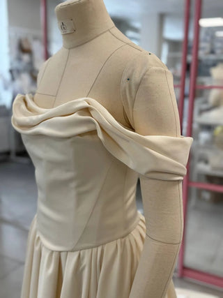 Original garment on mannequin — Plus Size Off-the-Shoulder Satin Bridal Corset & Skirt Set