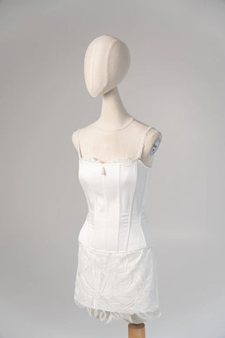 Original garment on mannequin — Plus Size Lace Bridal Corset & Appliqué Mini Skirt Set