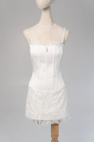 Original garment on mannequin — Plus Size Lace Bridal Corset & Appliqué Mini Skirt Set
