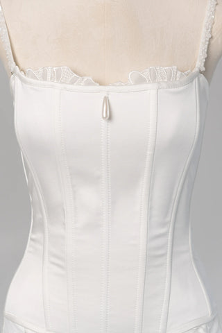 Original garment on mannequin — Plus Size Lace Bridal Corset & Appliqué Mini Skirt Set