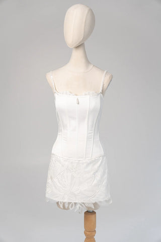 Original garment on mannequin — Plus Size Lace Bridal Corset & Appliqué Mini Skirt Set
