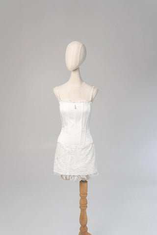 Original garment on mannequin — Plus Size Lace Bridal Corset & Appliqué Mini Skirt Set
