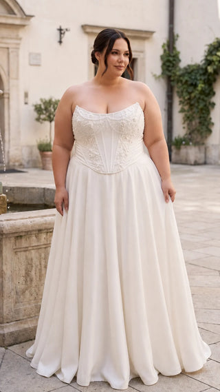 AI-generated plus-size styling preview — Plus Size Embroidered Bridal Corset & Wide-Leg Trousers Set