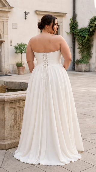 AI-generated plus-size styling preview — Plus Size Embroidered Bridal Corset & Wide-Leg Trousers Set