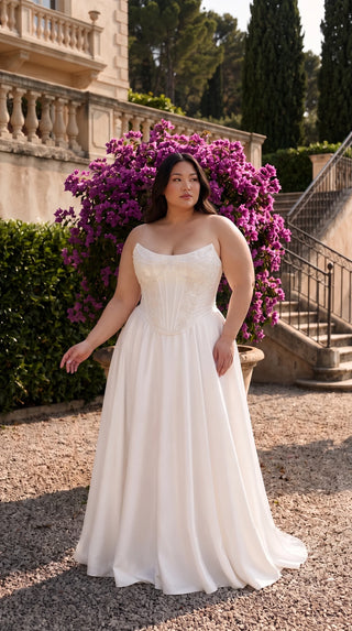 AI-generated plus-size styling preview — Plus Size Embroidered Bridal Corset & Wide-Leg Trousers Set