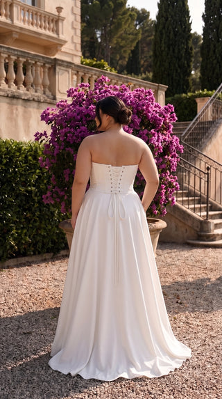 AI-generated plus-size styling preview — Plus Size Embroidered Bridal Corset & Wide-Leg Trousers Set