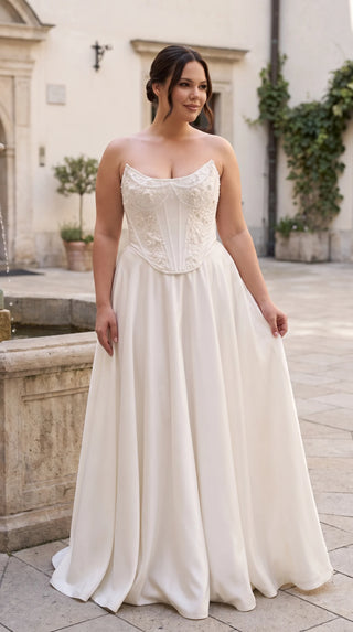 AI-generated plus-size styling preview — Plus Size Embroidered Bridal Corset & Wide-Leg Trousers Set