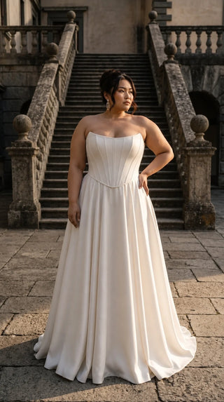 AI-generated plus-size styling preview — Plus Size Strapless Bridal Corset & Side-Slit Skirt Set
