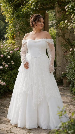 AI-generated plus-size styling preview — Plus Size Silk Bridal Corset & A-Line Skirt Set with Detachable Sleeves