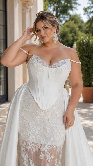 AI-generated plus-size styling preview — Plus Size Lace Bridal Dress with Satin Corset & Detachable Train