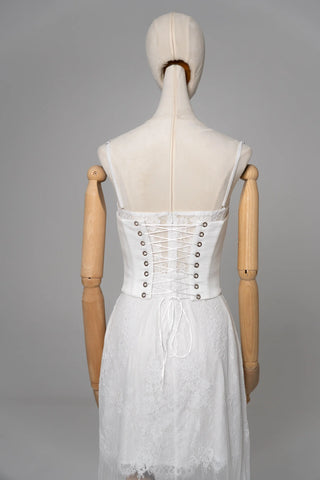 Original garment on mannequin — Plus Size Lace Bridal Dress with Satin Corset & Detachable Train