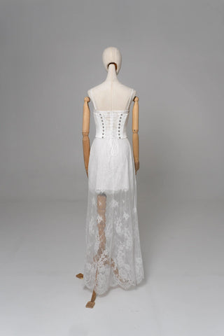 Original garment on mannequin — Plus Size Lace Bridal Dress with Satin Corset & Detachable Train