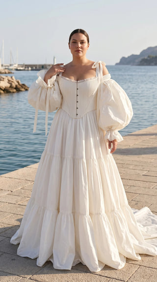 AI-generated plus-size styling preview — Plus Size Taffeta Wedding Dress with Detachable Ruffle Sleeves