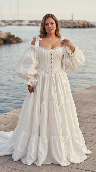 AI-generated plus-size styling preview — Plus Size Taffeta Wedding Dress with Detachable Ruffle Sleeves