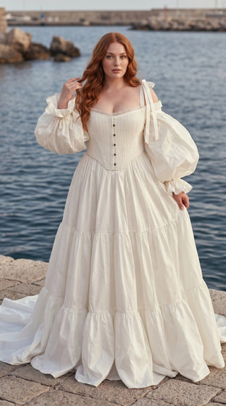 AI-generated plus-size styling preview — Plus Size Taffeta Wedding Dress with Detachable Ruffle Sleeves