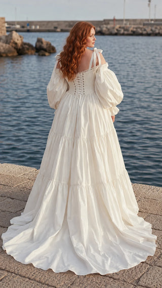 AI-generated plus-size styling preview — Plus Size Taffeta Wedding Dress with Detachable Ruffle Sleeves